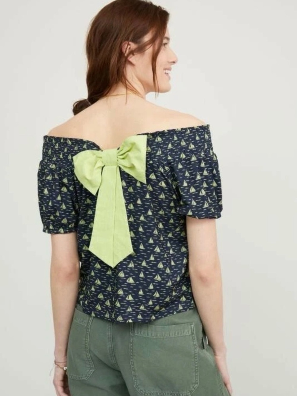 Anthropologie Porridge Sailboat Print Off-Shoulder Bow Top in Navy Size XS